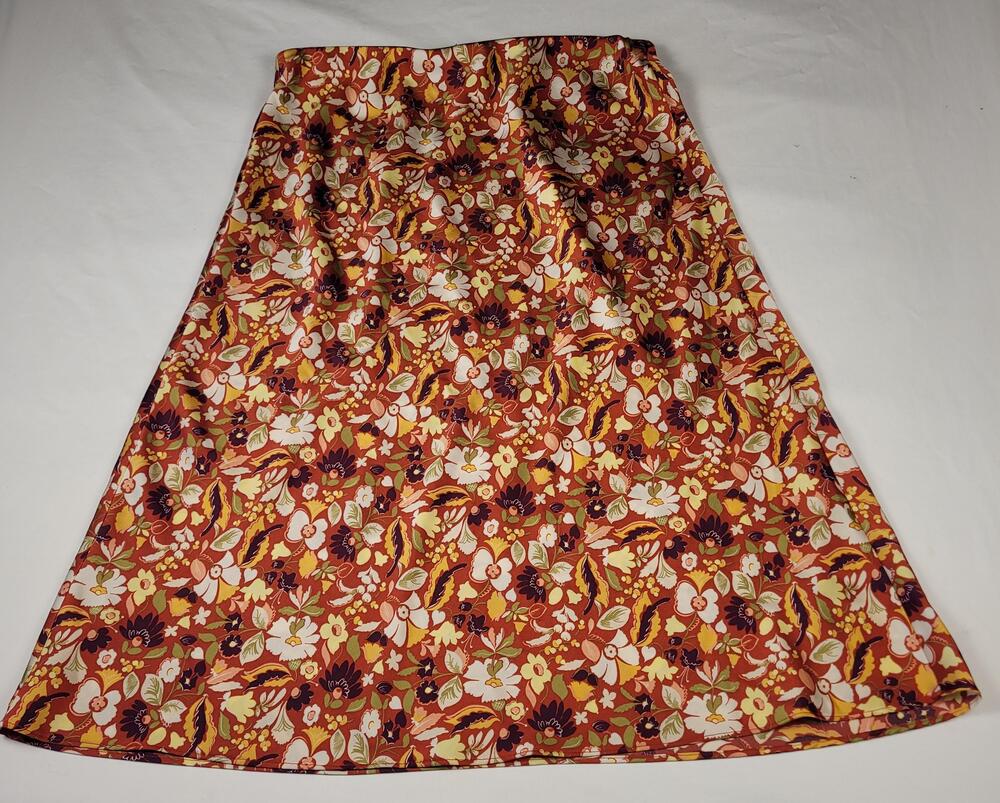 Ann Taylor Factory Skirt Womens Large Orange Floral Midi A-Line Elastic Waist - Picture 1 of 9